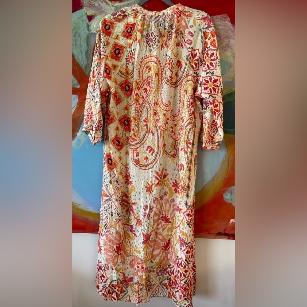 ZARA Dress Size Small Multicolor Metallic Bright Printed Midi Balloon Sleeves - Picture 5 of 6